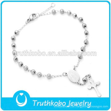 316 Edelstahl Großhandel religiöse Rosenkranz Armband für Mädchen Silber Jungfrau Maria Kreuz 3 MM Rosenkranz Armband für katholische